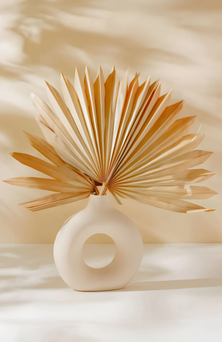 Dried Sun Palm Leaves in White Donut Ceramic Vase | Boho Dried Plant Home Decor